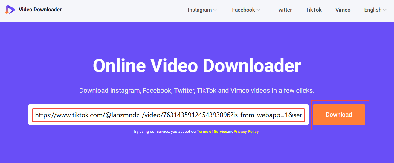 Viddown.net interface that shows how to analyze the TikTok video link.