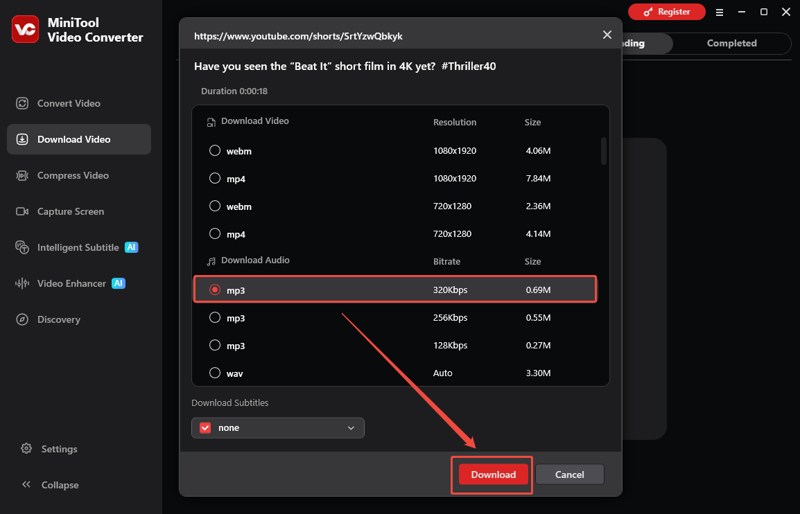 MiniTool Video Converter interface that shows how to set the output settings and begin download.