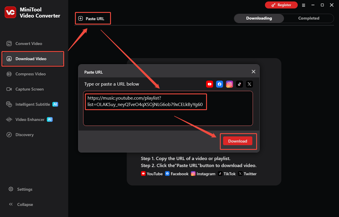 MiniTool Video Converter interface that how to shows the YouTube music link.
