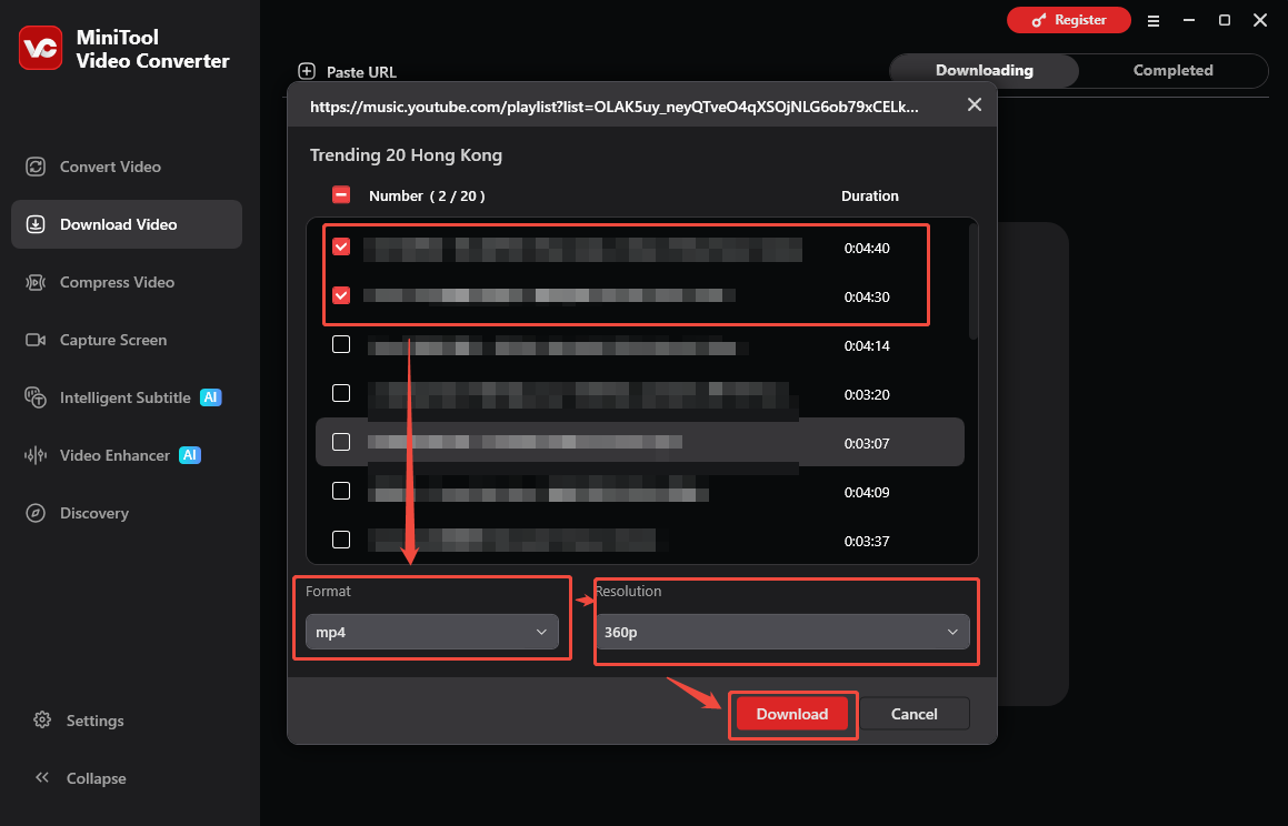 MiniTool Video Converter interface that shows how to set the download output settings.