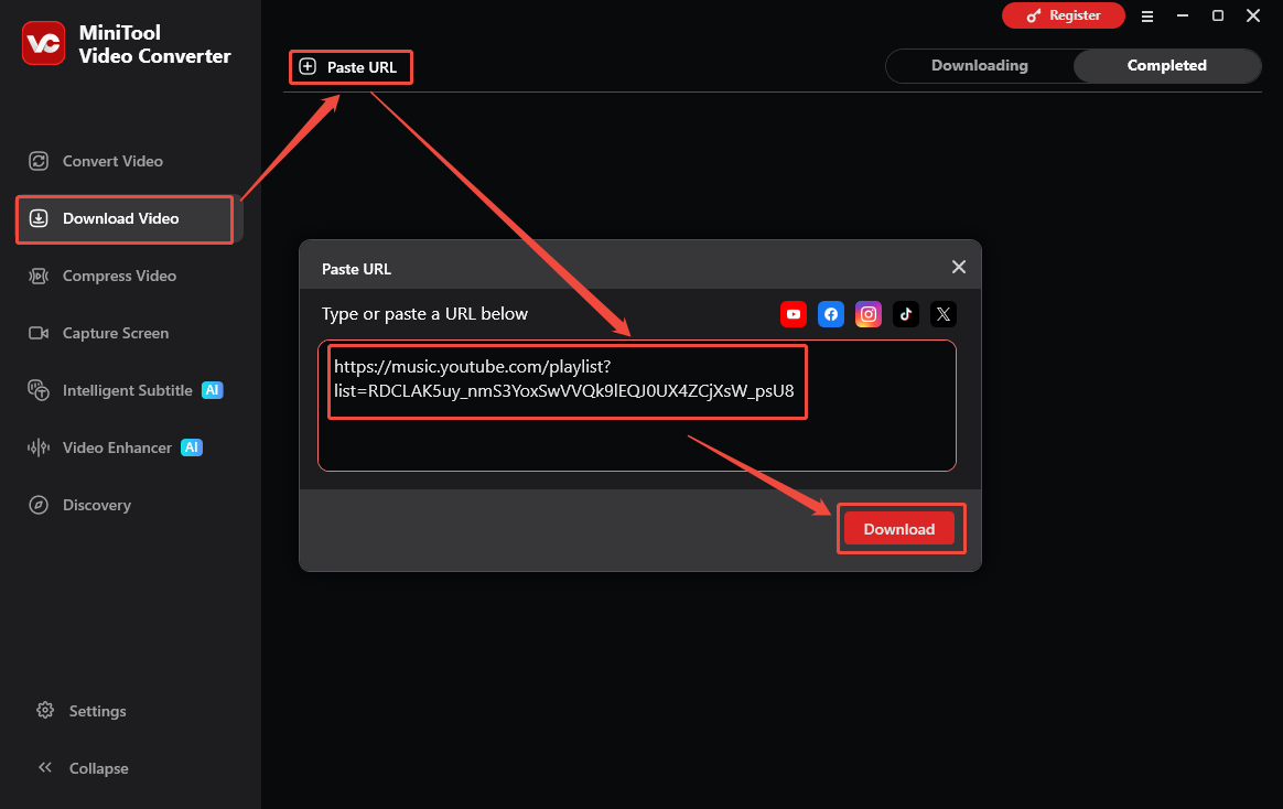 MiniTool Video Converter interface that how to shows the YouTube music link.