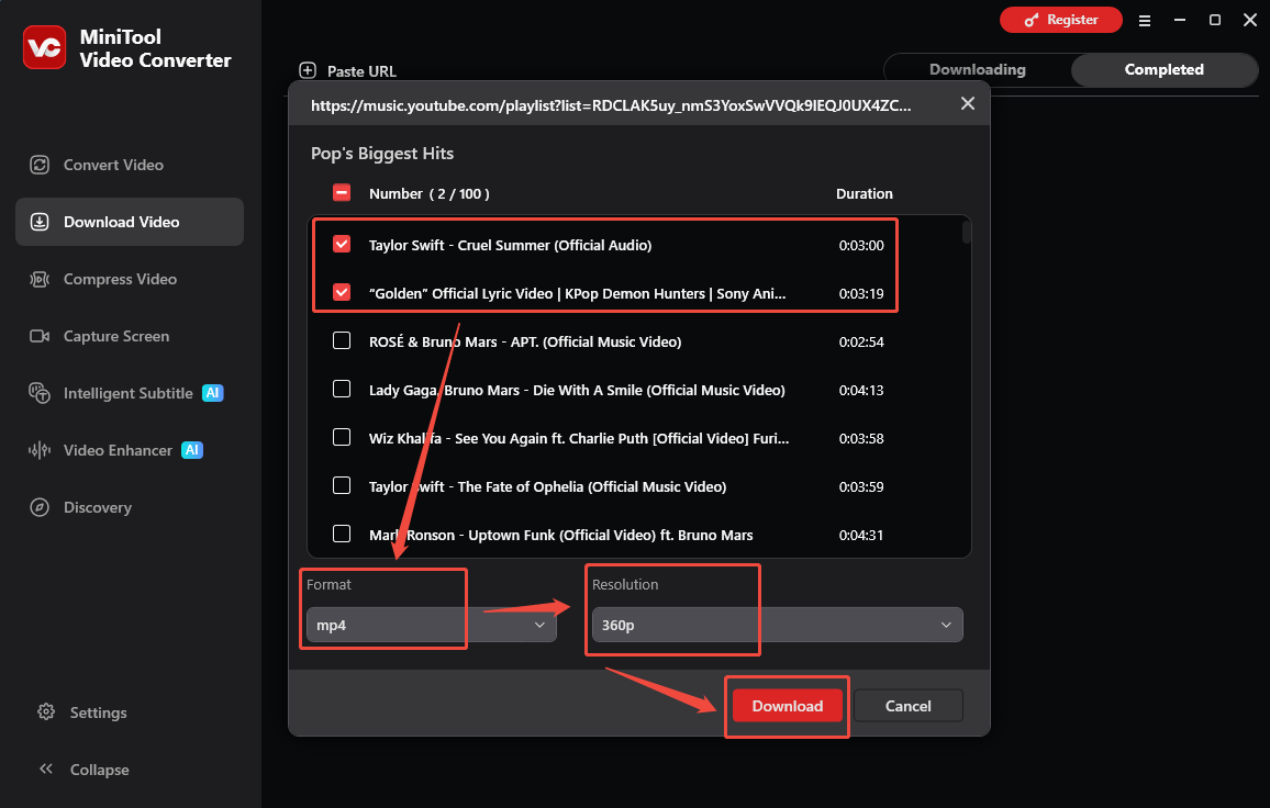 MiniTool Video Converter interface that shows how to set the download output settings.