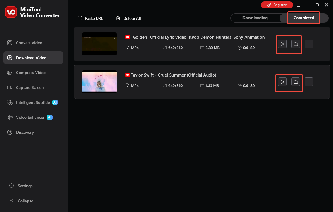 MiniTool Video Converter interface that shows how to view and locate the output files.