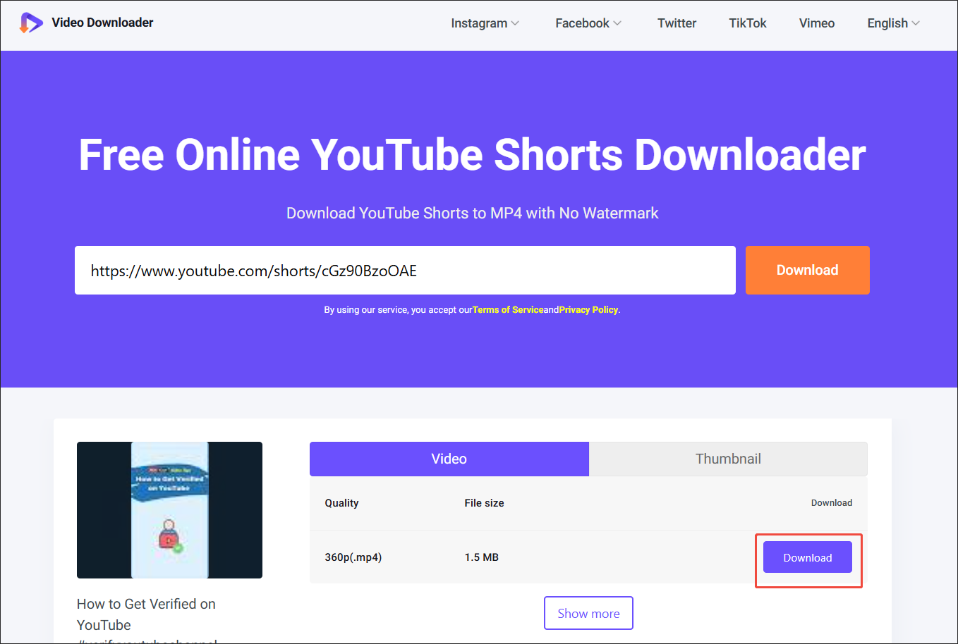 Viddown.net interface that shows how to begin the download.