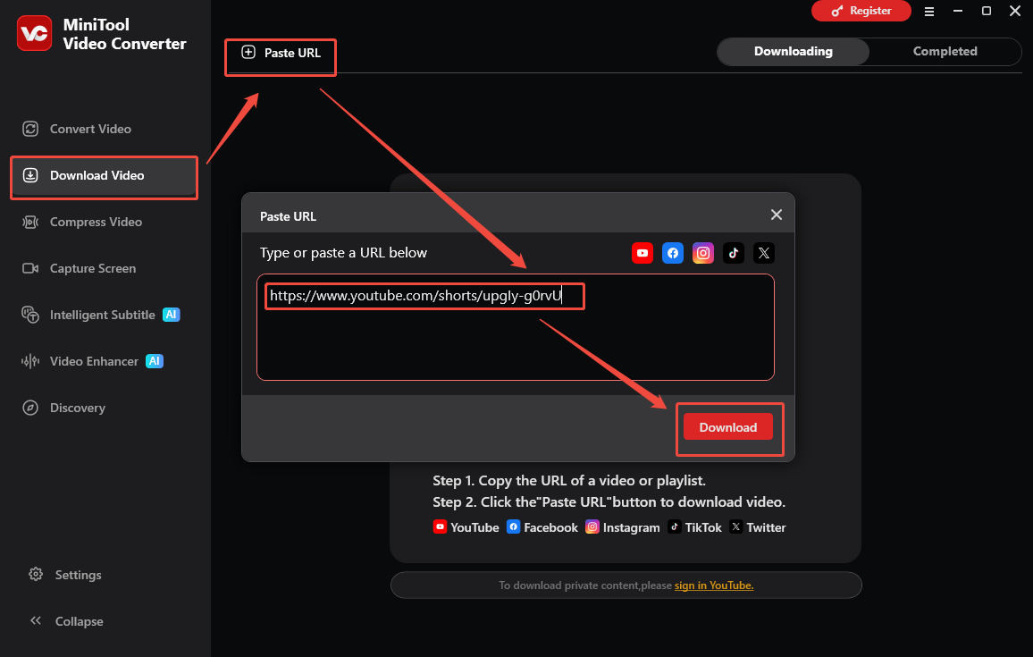 MiniTool Video Converter interface that shows how to analyze the YouTube URL.