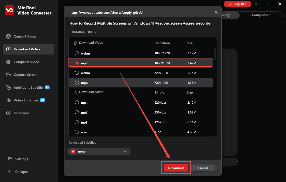 MiniTool Video Converter interface that shows how to set the output settings and begin download.