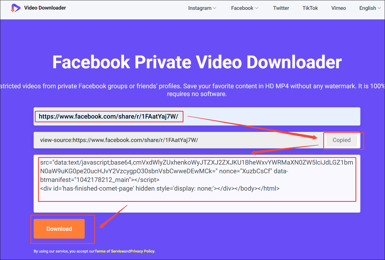 Viddown.net interface that shows how to download a private Facebook video.