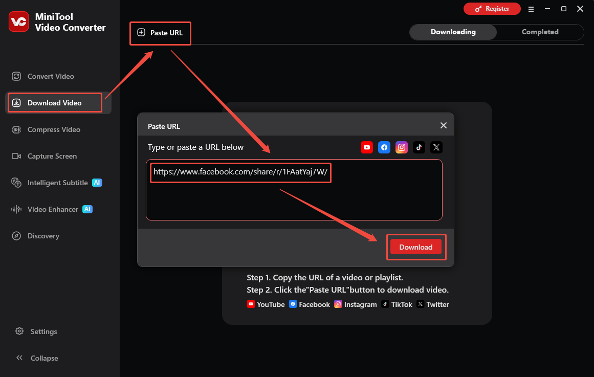 MiniTool Video Converter interface that shows how to analyze the Facebook video link.