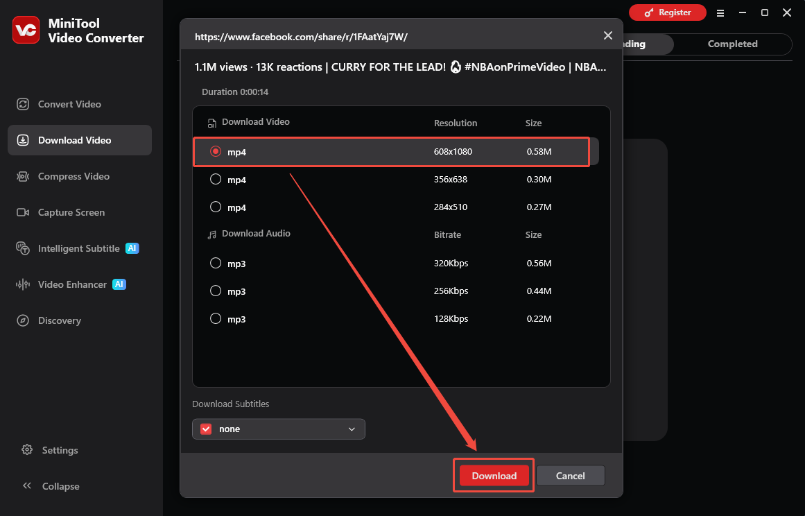 MiniTool Video Converter interface that shows how to set the output settings and begin the download.