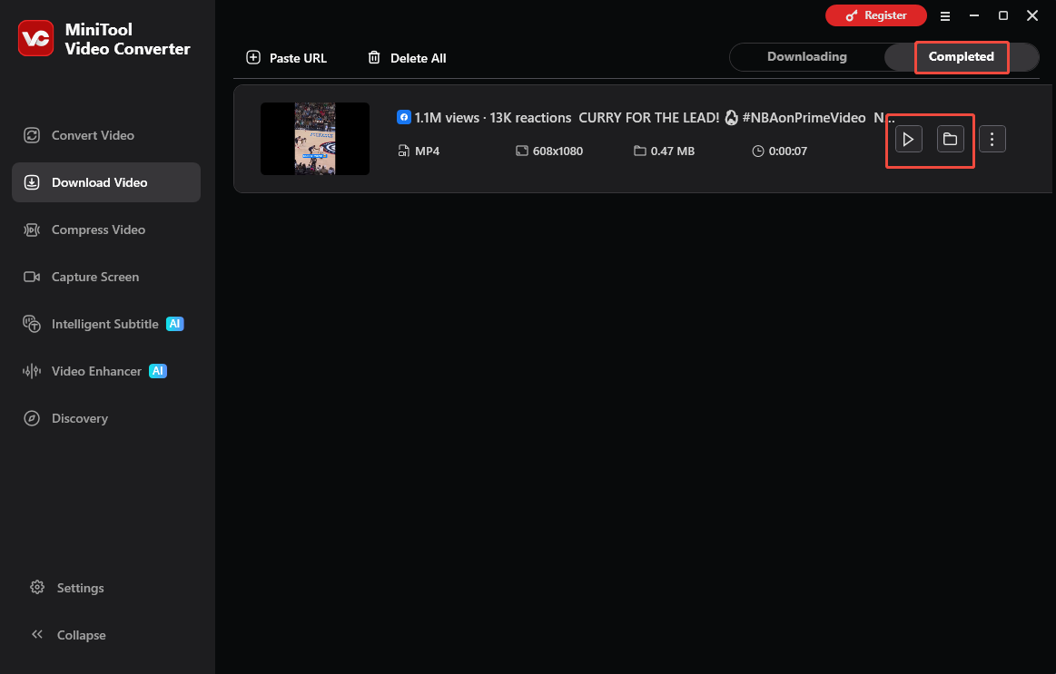 MiniTool Video Converter interface that shows how to view and locate the output file.