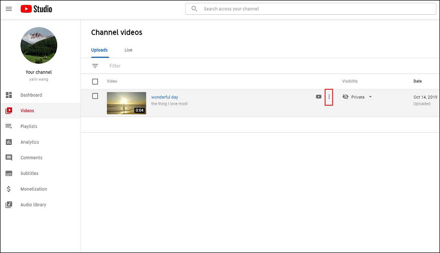 YouTube Studio interface with the More icon to selected to expand the option menu.