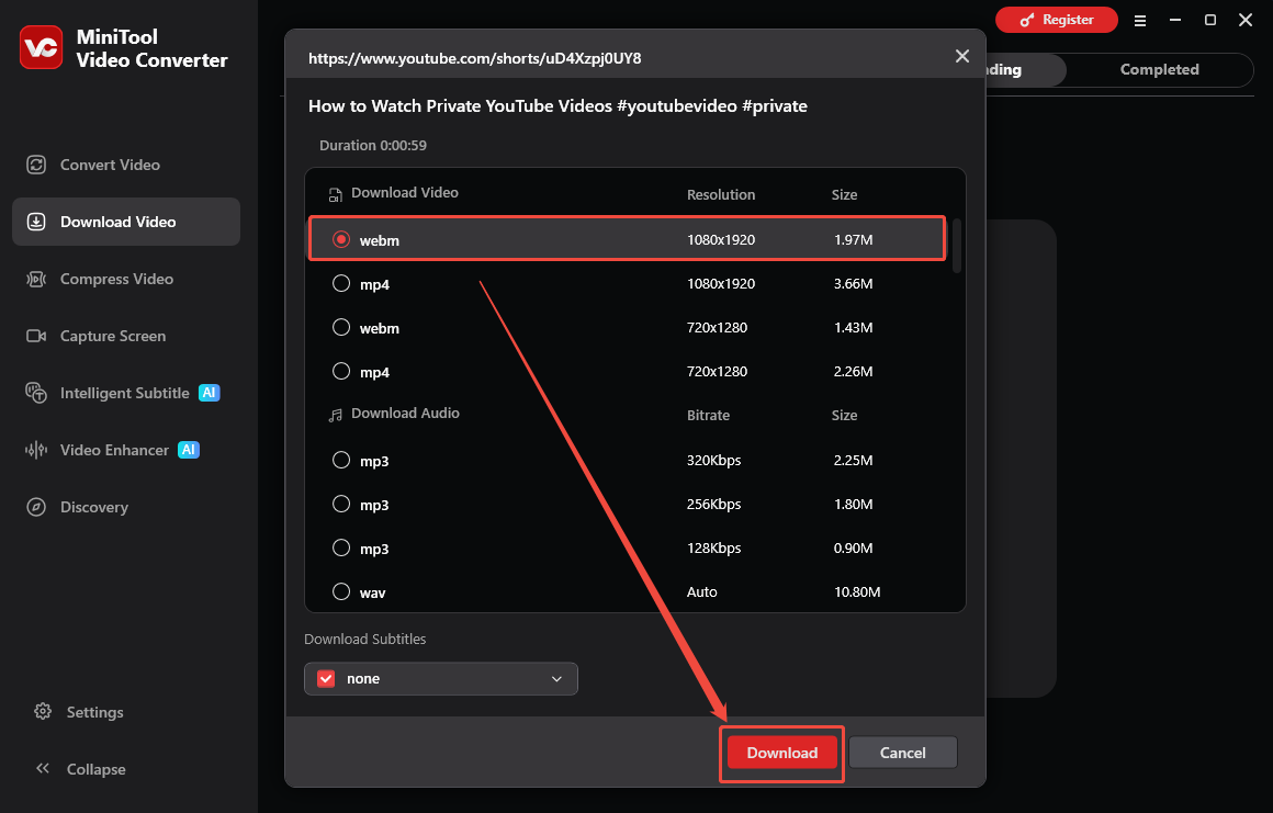 MiniTool Video Converter interface that shows how to set the output settings and begin the download.