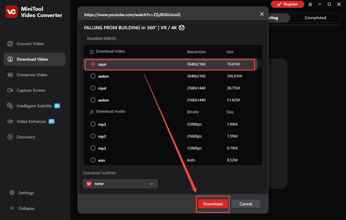 MiniTool Video Converter interface that shows how to set the output settings and begin download.