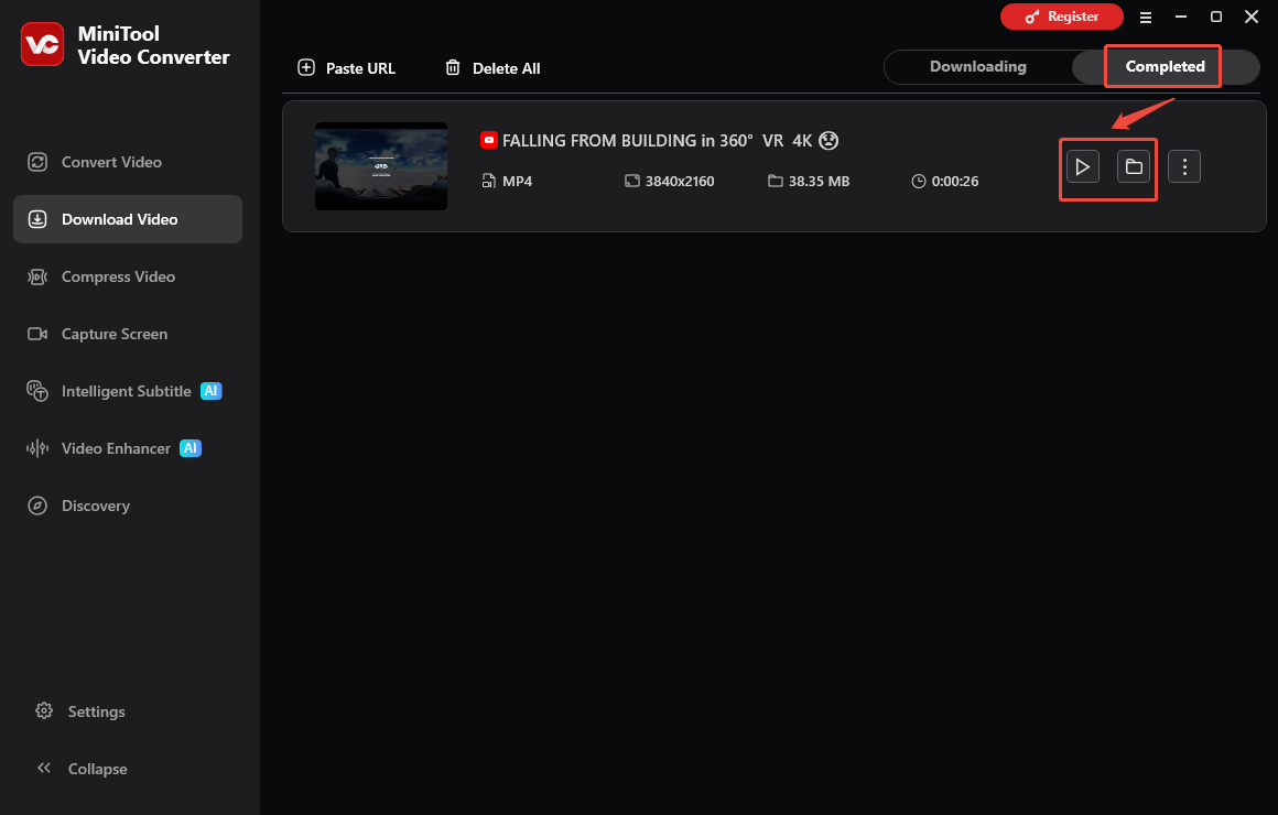 MiniTool Video Converter interface that shows how to check the output file.