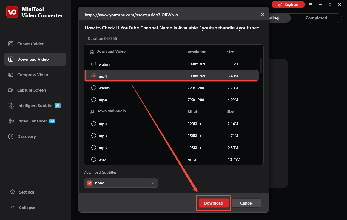 MiniTool Video Converter’s Download Video interface with the output format selected and the Download option selected.