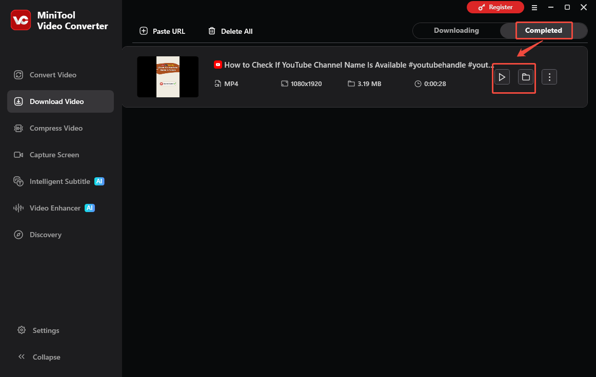 MiniTool Video Converter’s Download Video interface with the Play and Folder icons selected to check the output video.