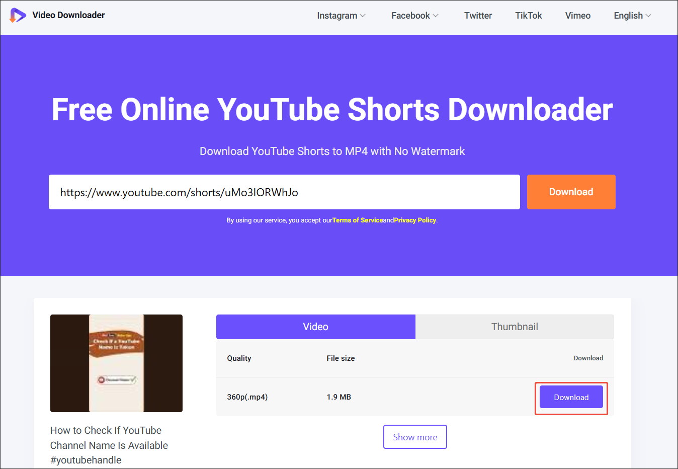 Viddown.net interface with the output format and the Download option selected to start the download process.