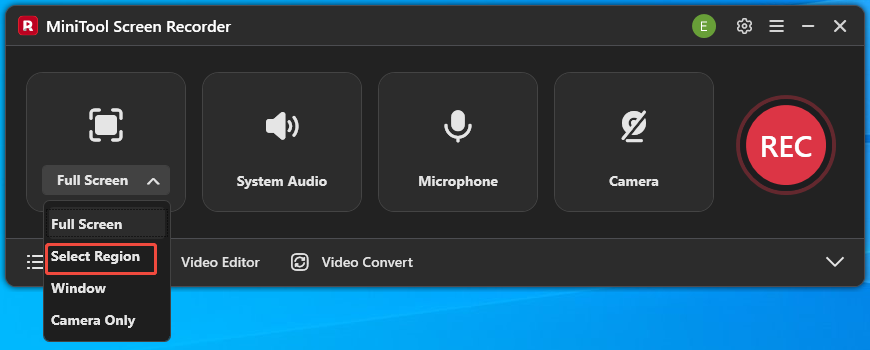MiniTool Screen Recorder interface with the Select Region option selected.