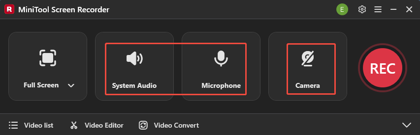 MiniTool Screen Recorder interface that shows how to manage audio recording and enable the webcam.