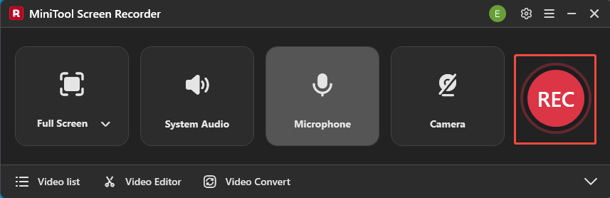 MiniTool Screen Recorder interface with the REC button selected.