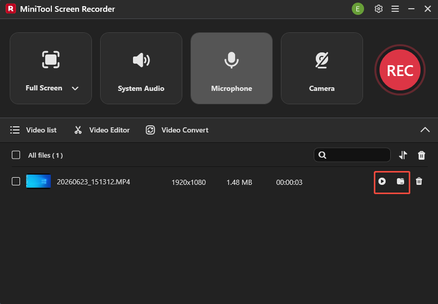 MiniTool Screen Recorder interface that shows how to view or locate the output video.