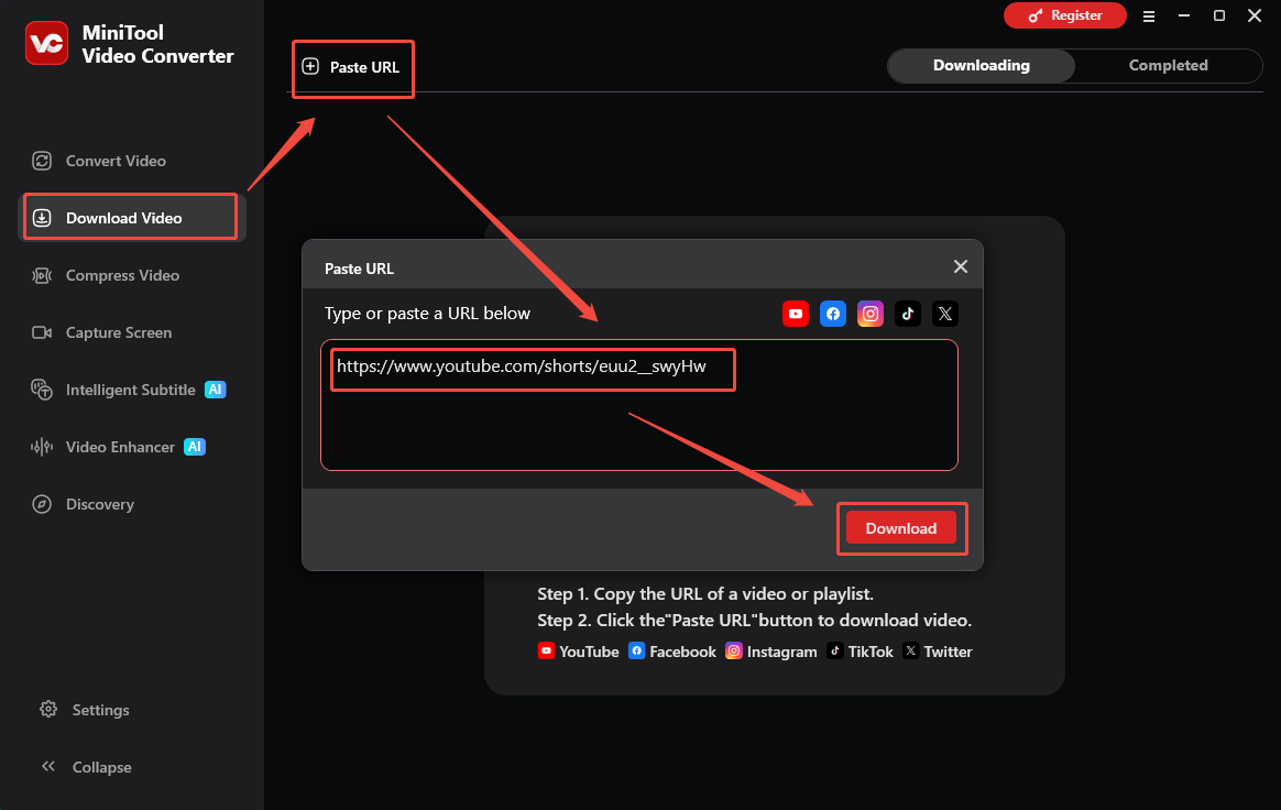 MiniTool Video Converter interface that how to shows the YouTube video link.
