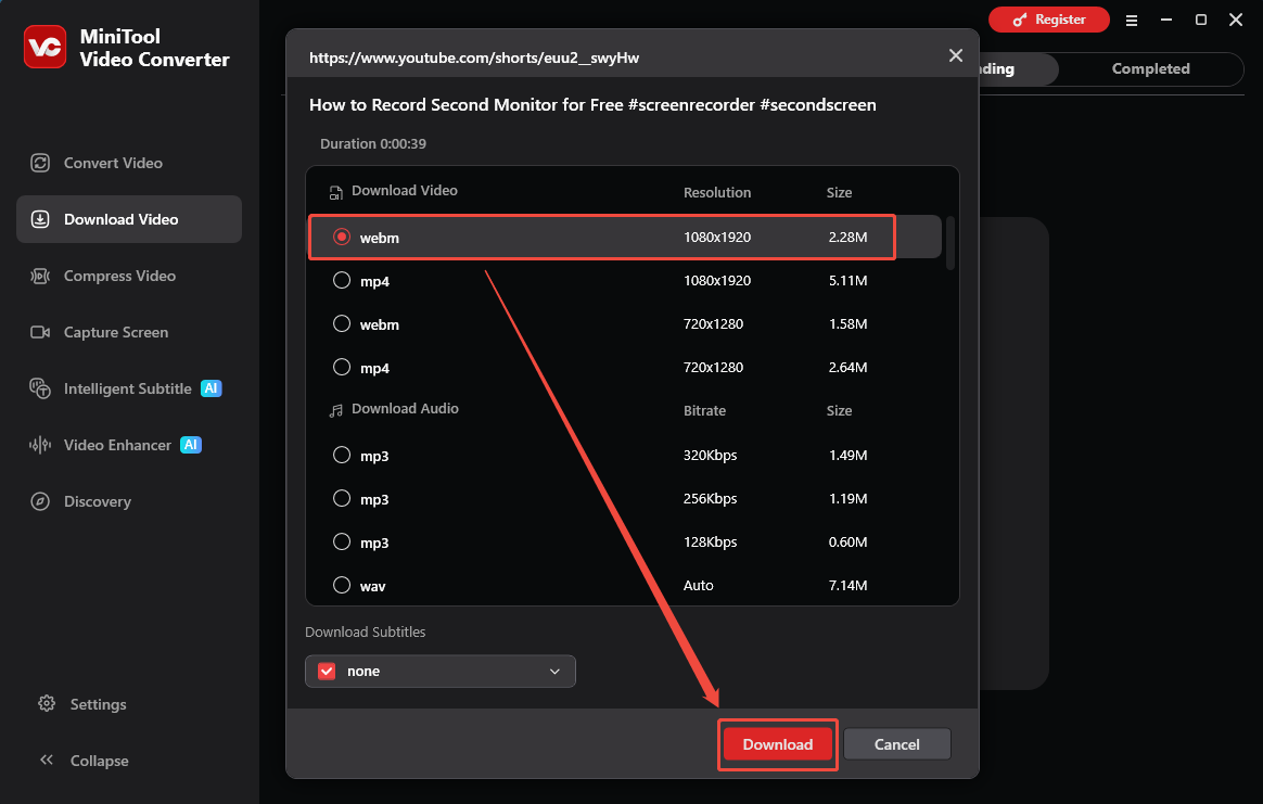 MiniTool Video Converter interface that shows how to set the output settings and begin the download.