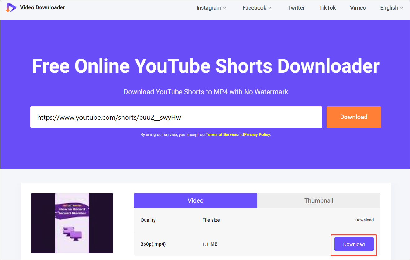 Viddown.net interface with the output resolution and the Download option selected to start the download process.