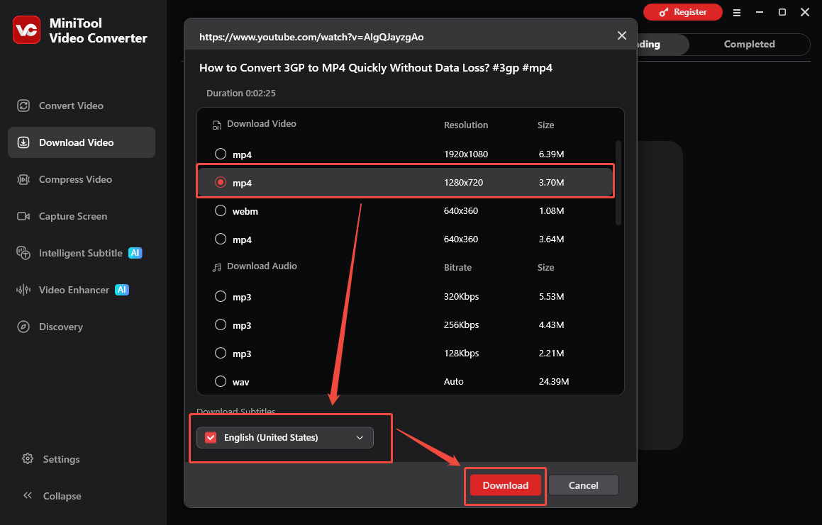MiniTool Video Converter interface that shows how to set the output settings and begin the download.