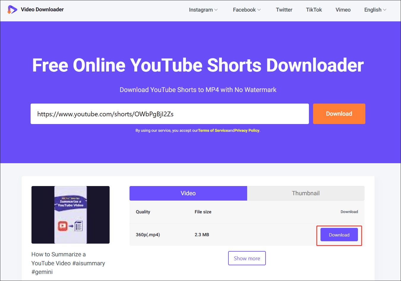 Viddown.net interface that shows how to begin the download.