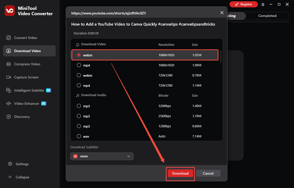 MiniTool Video Converter interface that shows how to set the output settings and begin download.