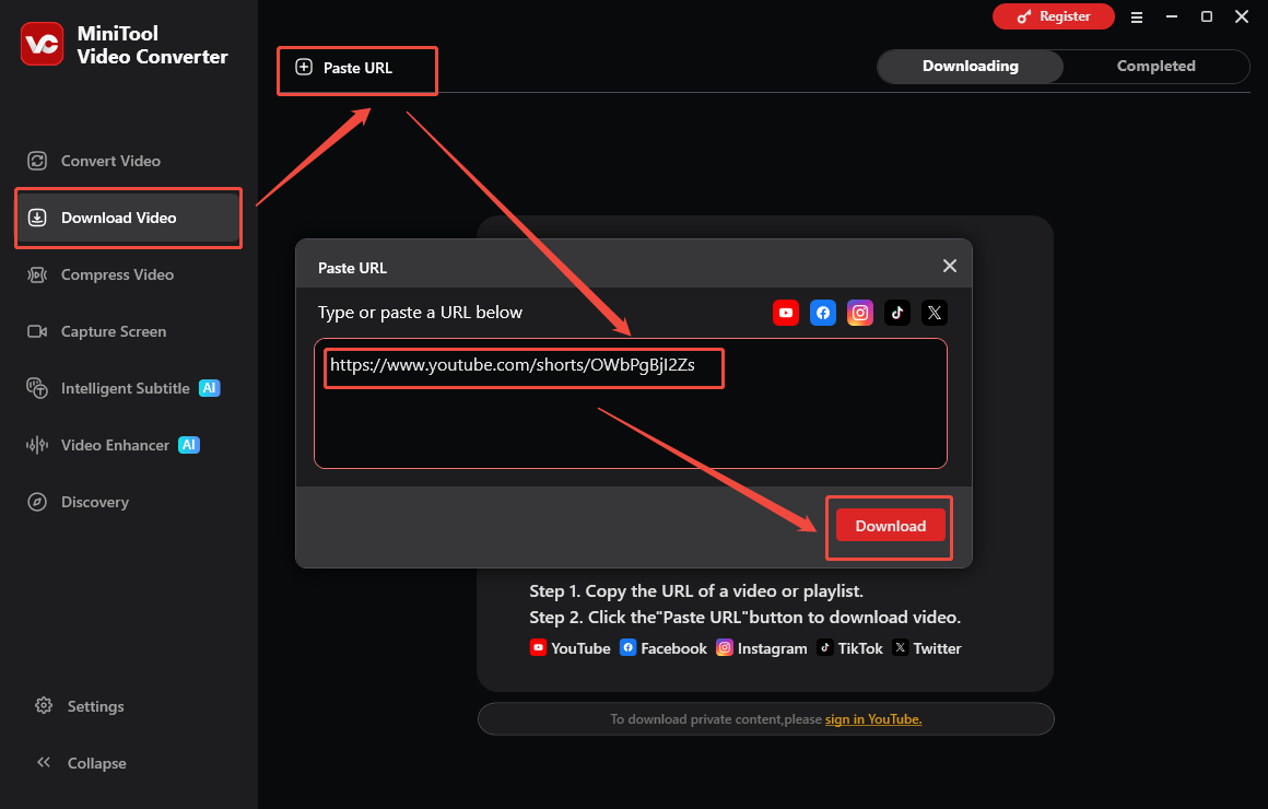 MiniTool Video Converter interface that shows how to analyze the YouTube URL.