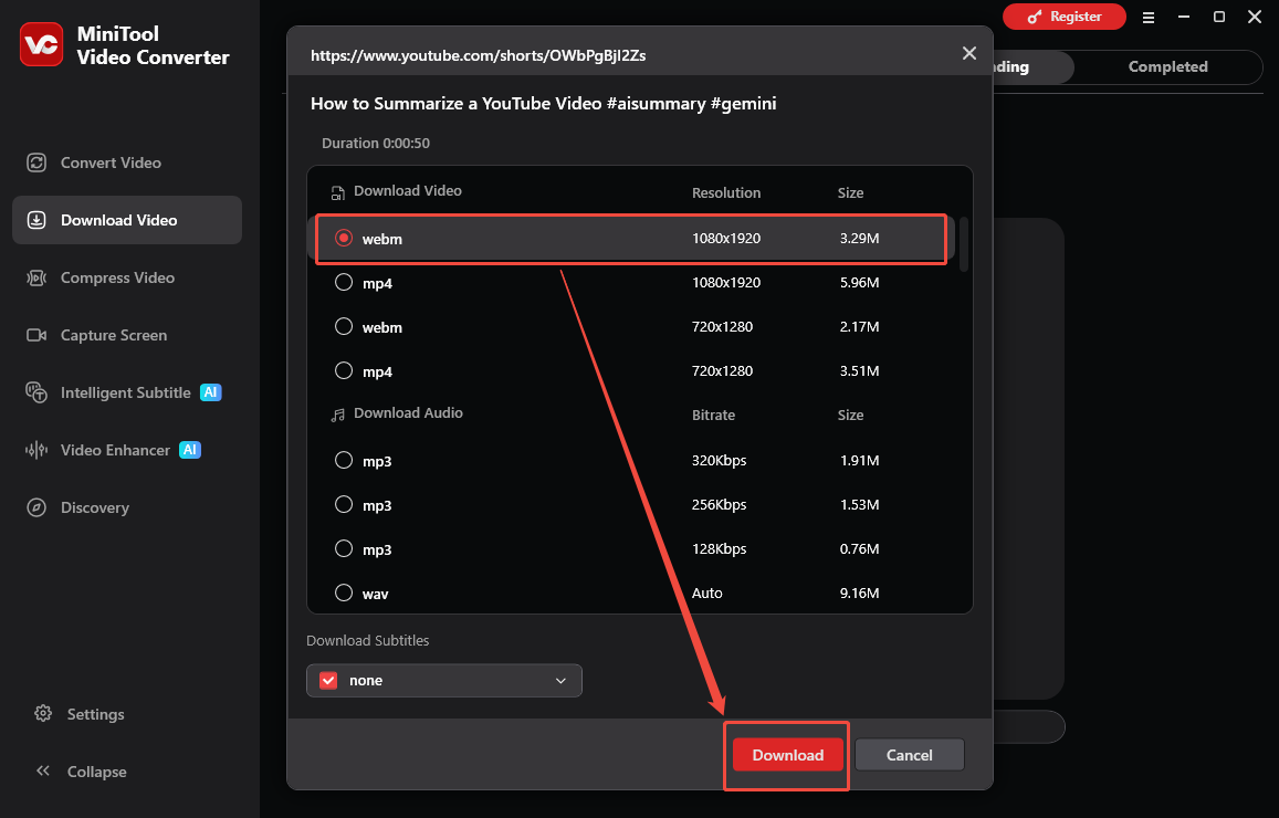MiniTool Video Converter interface that shows how to set the output settings and begin download.