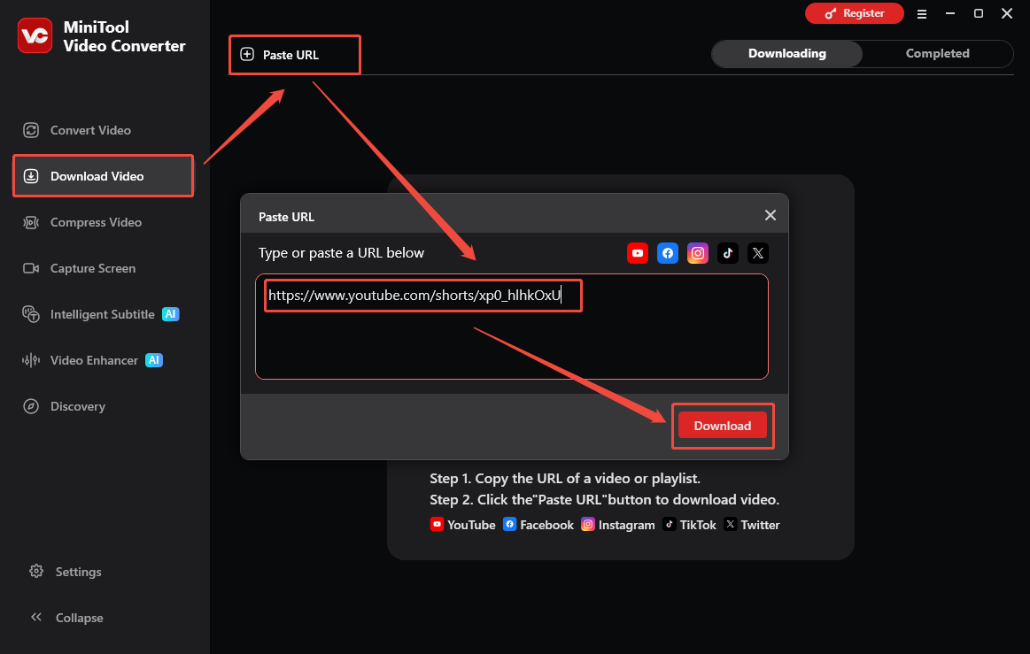 MiniTool Video Converter interface that shows how to analyze the YouTube URL.