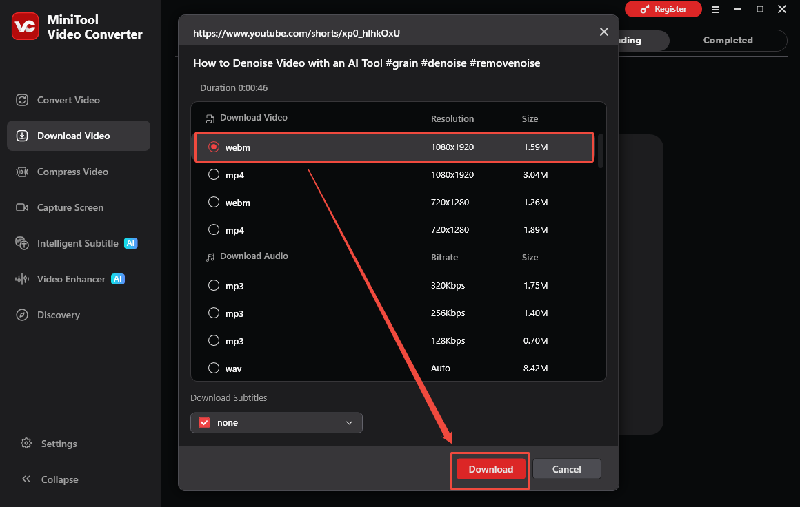 MiniTool Video Converter interface that shows how to set the output settings and begin the download.