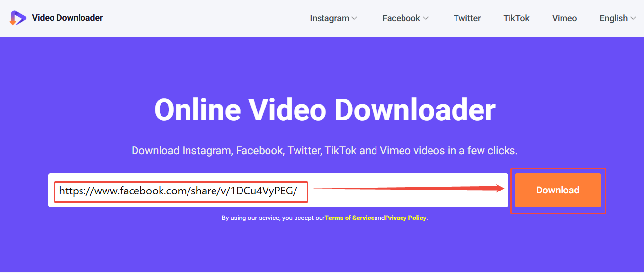 Viddown.net interface that shows how to analyze the Facebook video link.