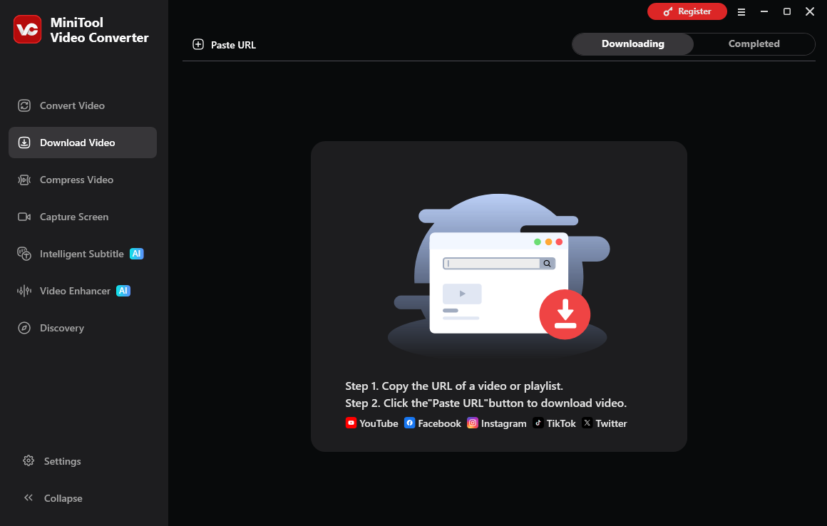 The user interface of MiniTool Video Converter's Download Video section.