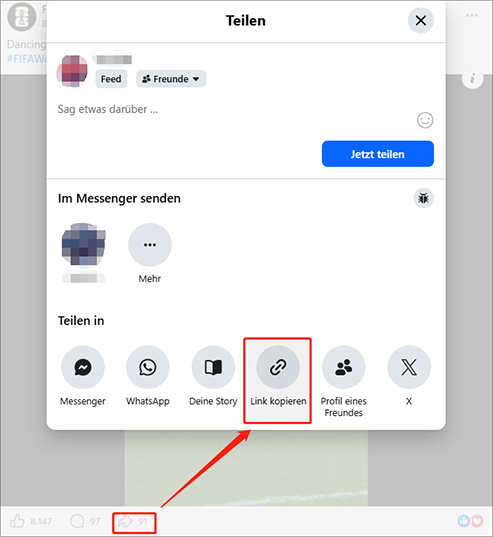 Facebook-Oberfläche mit dem Symbol „Teilen“ und der ausgewählten Option „Link kopieren“, um den Facebook-Freigabelink zu kopieren.