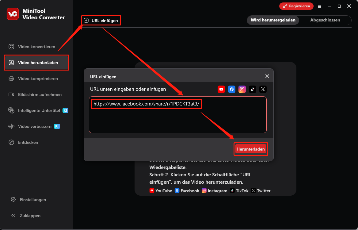 Die Oberfläche „Video herunterladen“ von MiniTool Video Converter zeigt, wie der Facebook-Videolink analysiert wird.
