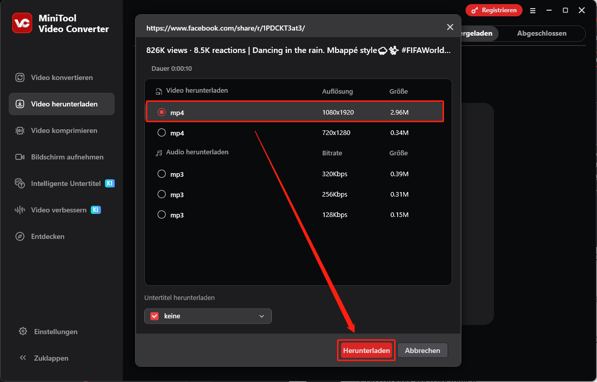 Die Oberfläche „Video herunterladen“ von MiniTool Video Converter mit ausgewähltem Ausgabeformat und ausgewählter Option „Herunterladen“.