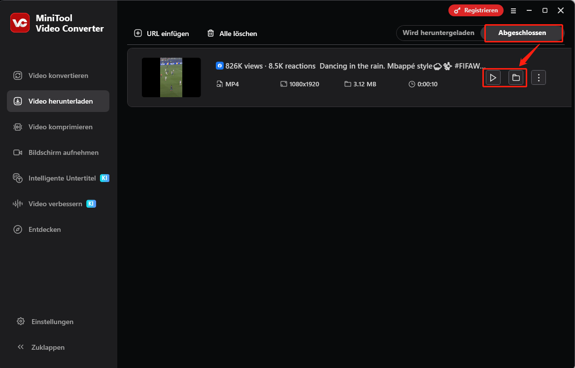Die Oberfläche Video herunterladen von MiniTool Video Converter mit den ausgewählten Symbolen Wiedergabe und Ordner, um das Ausgabevideo zu überprüfen.