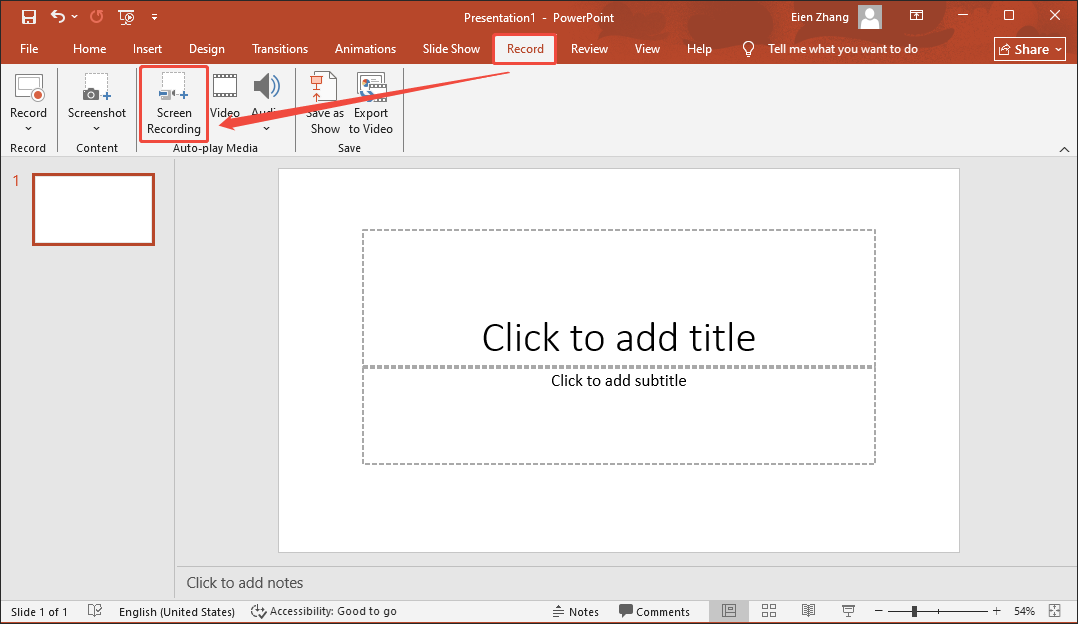 PowerPoint interface with the Record and Screen Recording options selected to enable the recording function.