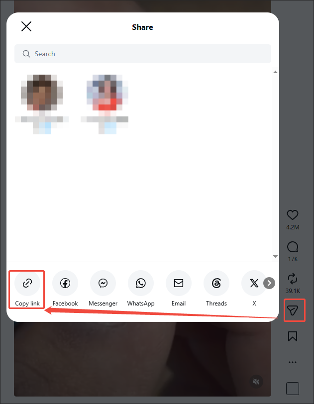 Instagram interface with the Share icon and the Copy link option selected to copy the Instagram URL.