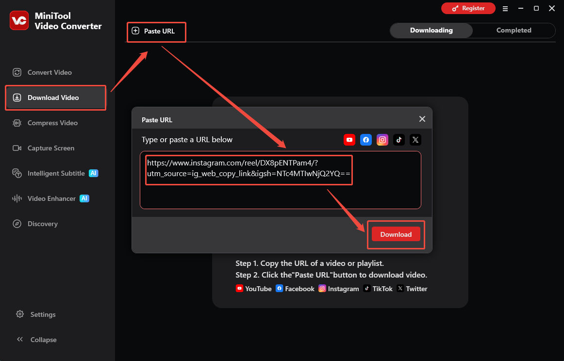 MiniTool Video Converter interface that shows how to analyze the Instagram URL.