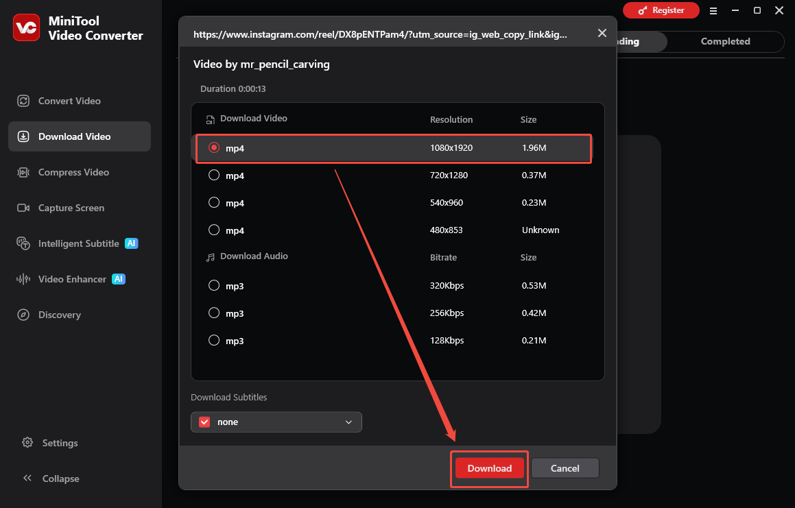 MiniTool Video Converter’s Download Video interface with the output format selected and the Download option selected.