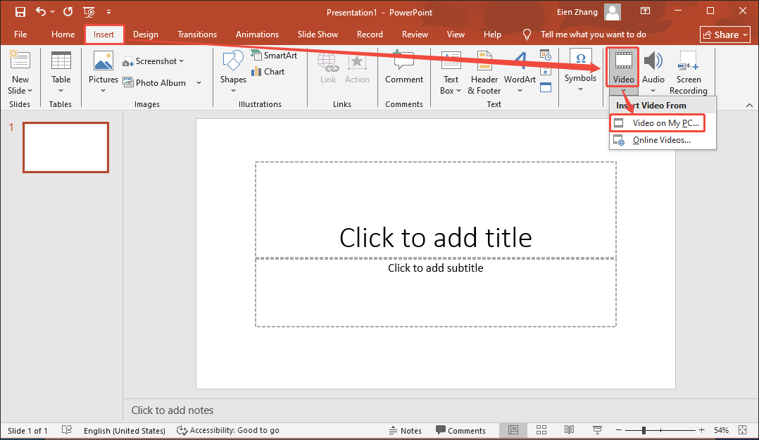 PowerPoint interface with the Insert option and the Video on my PC option selected to insert the video.