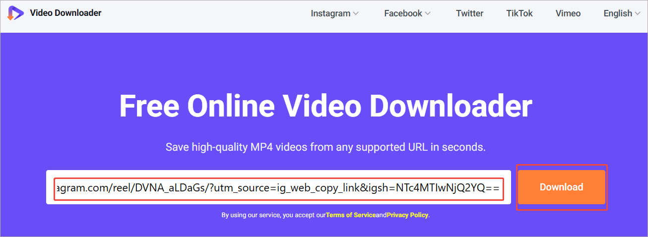Viddown.net interface with the Download option selected to analyze the Instagram video link.