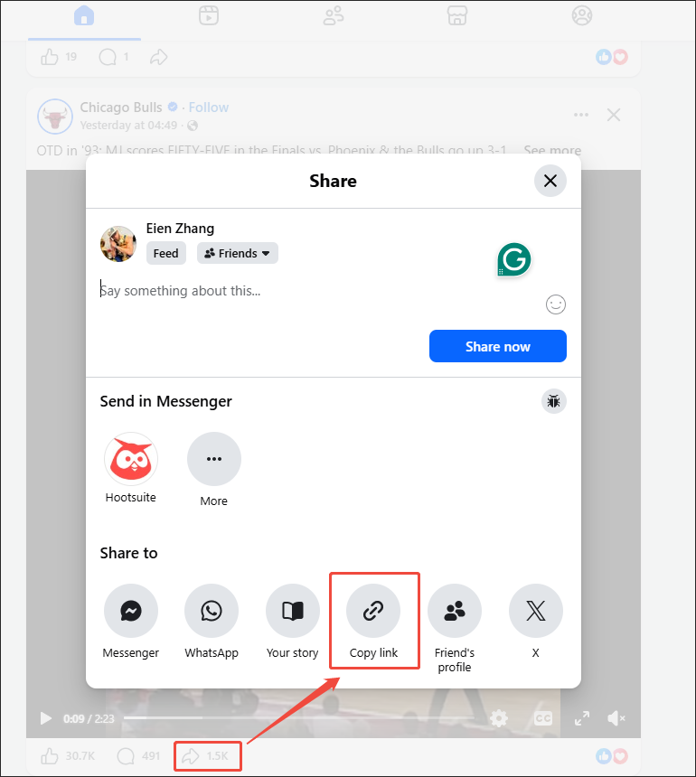 Facebook interface with the Share icon and the Copy link options selected to copy the Facebook share link.