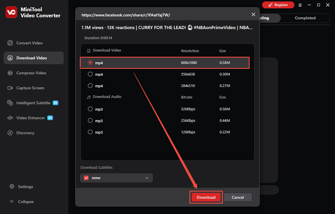 MiniTool Video Converter’s Download Video interface with the output format selected and the Download option selected.