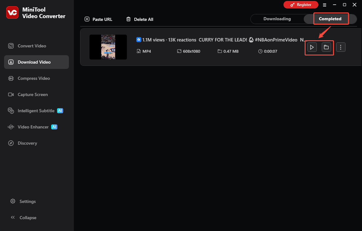 MiniTool Video Converter’s Download Video interface with the Play and Folder icons selected to check the output video.